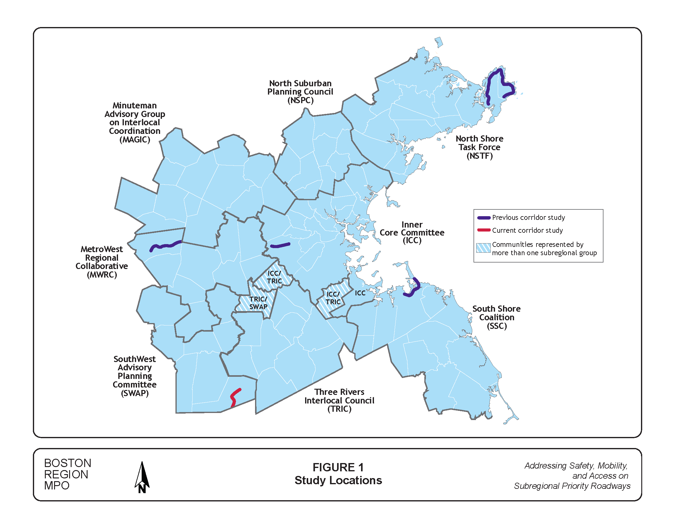 Figure 1: Study Locations. Computer drawn map that shows the subregions in the Boston Region Metropolitan Planning Organization and the locations of previous and future corridor studies.